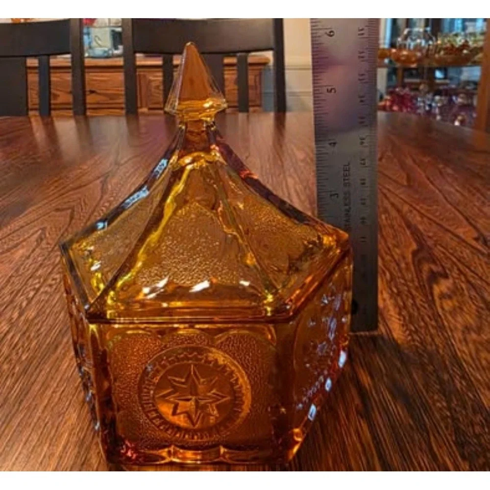 Vintage Tiara Indiana Glass Amber Eagle and Stars Hexagon Candy Dish Patriotic